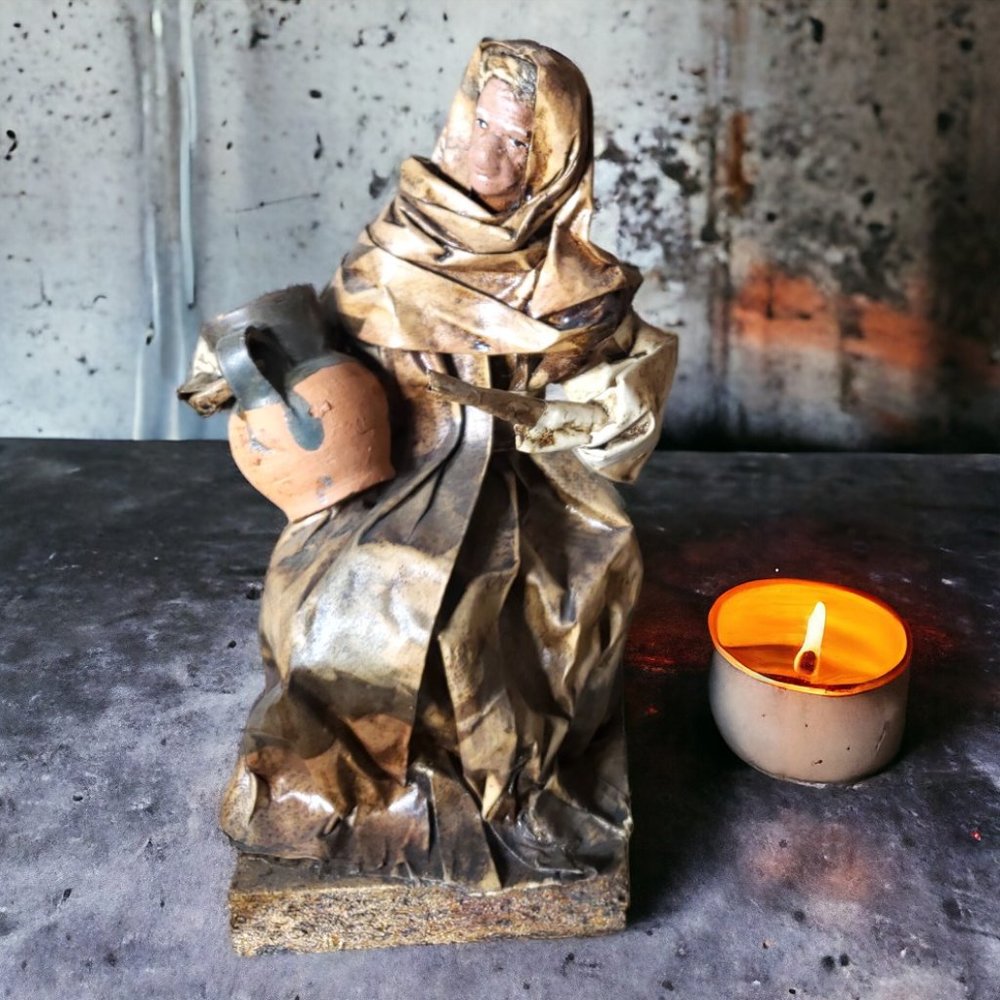Paper Mache Mexican Folk Art - Peasant Woman Seated Holding Clay Pot